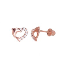 14K Red Gold Cubic Zirconia Stud Earrings “Dolphin's Love”