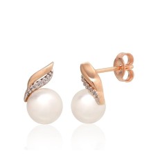 14K Red Gold Diamond and Pearl Stud Earrings “Wave of Dreams”