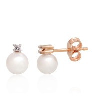 14K Red Gold Diamond and Pearl Stud Earrings “Sea Princess”