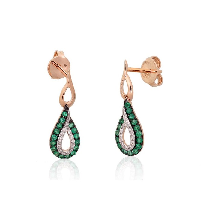 14K Red Gold Diamond and Emerald Stud Earrings “Princess Teardrop”