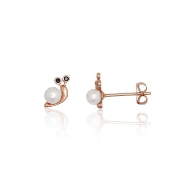 14K Red Gold Cubic Zirconia and Pearl Stud Earrings “Golden Snail”