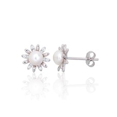 Sterling Silver Cubic Zirconia and Pearl Stud Earrings “Daisy Light”
