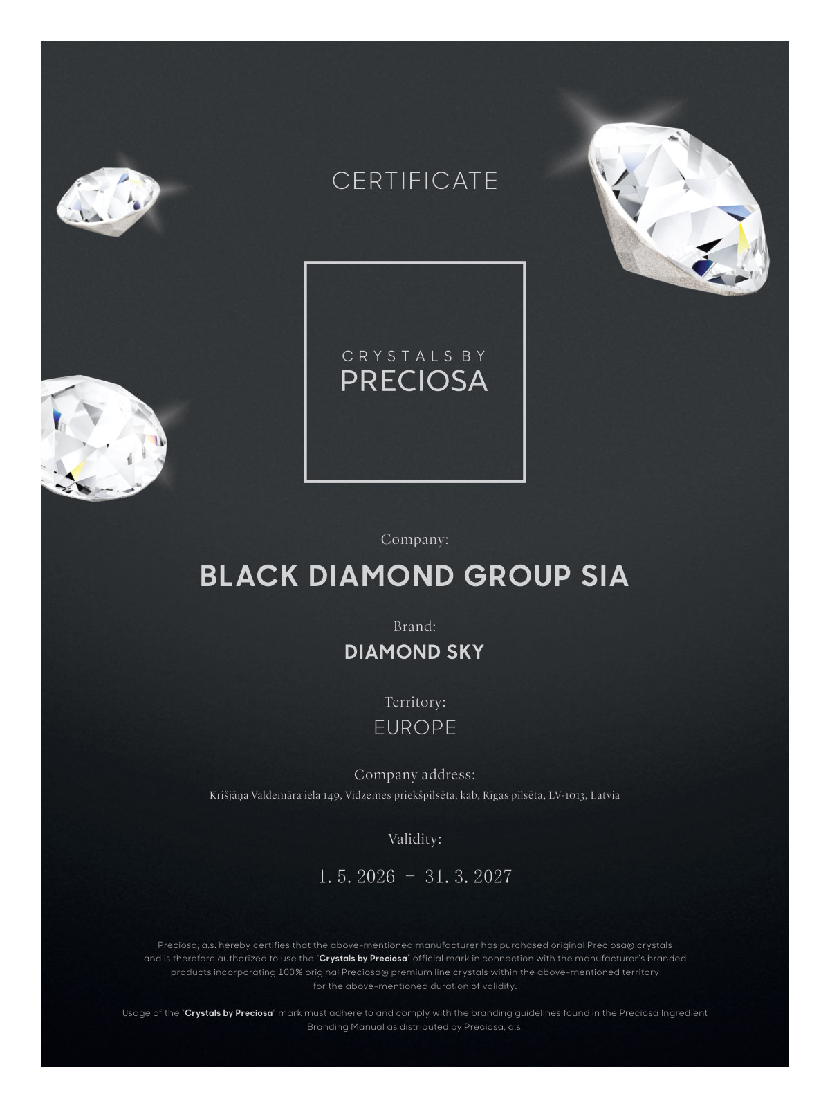 Crystals by Preciosa certificate